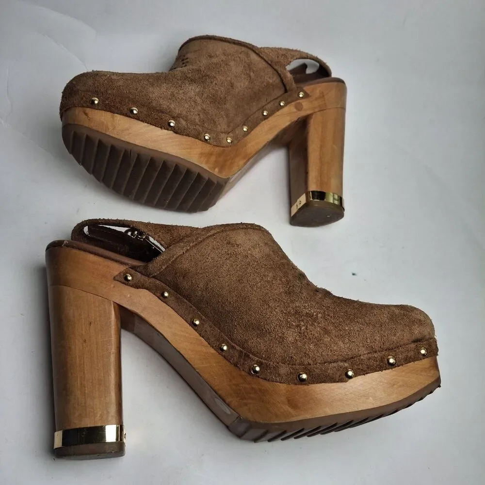 Tory Burch Brayden Slingback Clog 8M Brown Gold Wood Heel Studded Summer Party